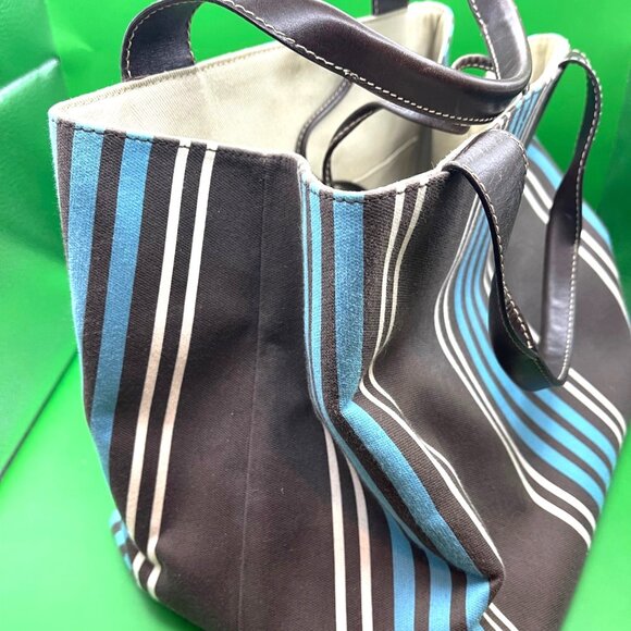 Kate Spade NY Striped Canvas Tote Bag Blue Brown White Leather Handles Italy VTG - Picture 2 of 15